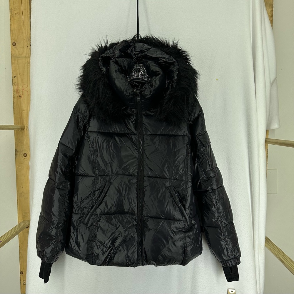 S13 Women's Allie Faux-Fur-Trim Hooded Puffer Coat XL BLACK Winter Jacket